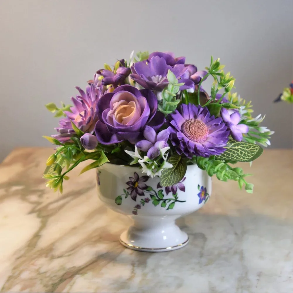 Pretty vintage pedestal sherbet bowl filled with hand painted Sola wood flowers